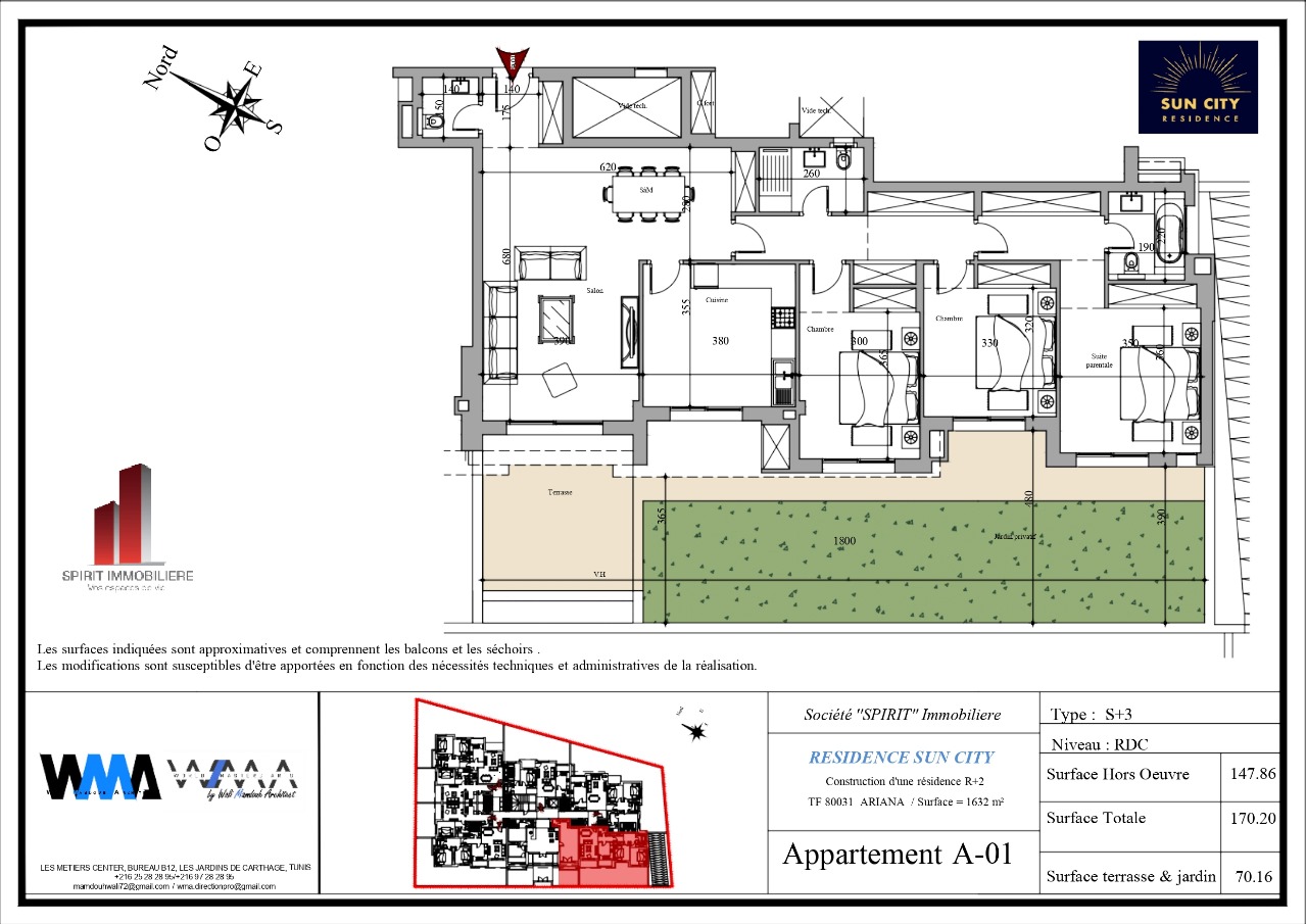 Plan architectural A01 - S3 de 170 m² au RDC avec terrasse et jardin