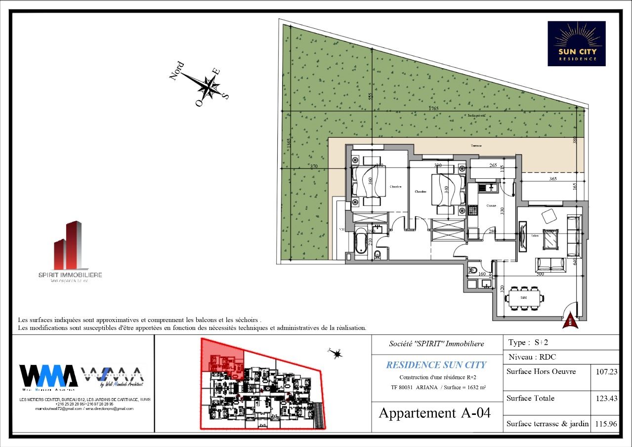 Plan architectural A04 - S2 au RDC avec Terrasse et jardin de 116 m²