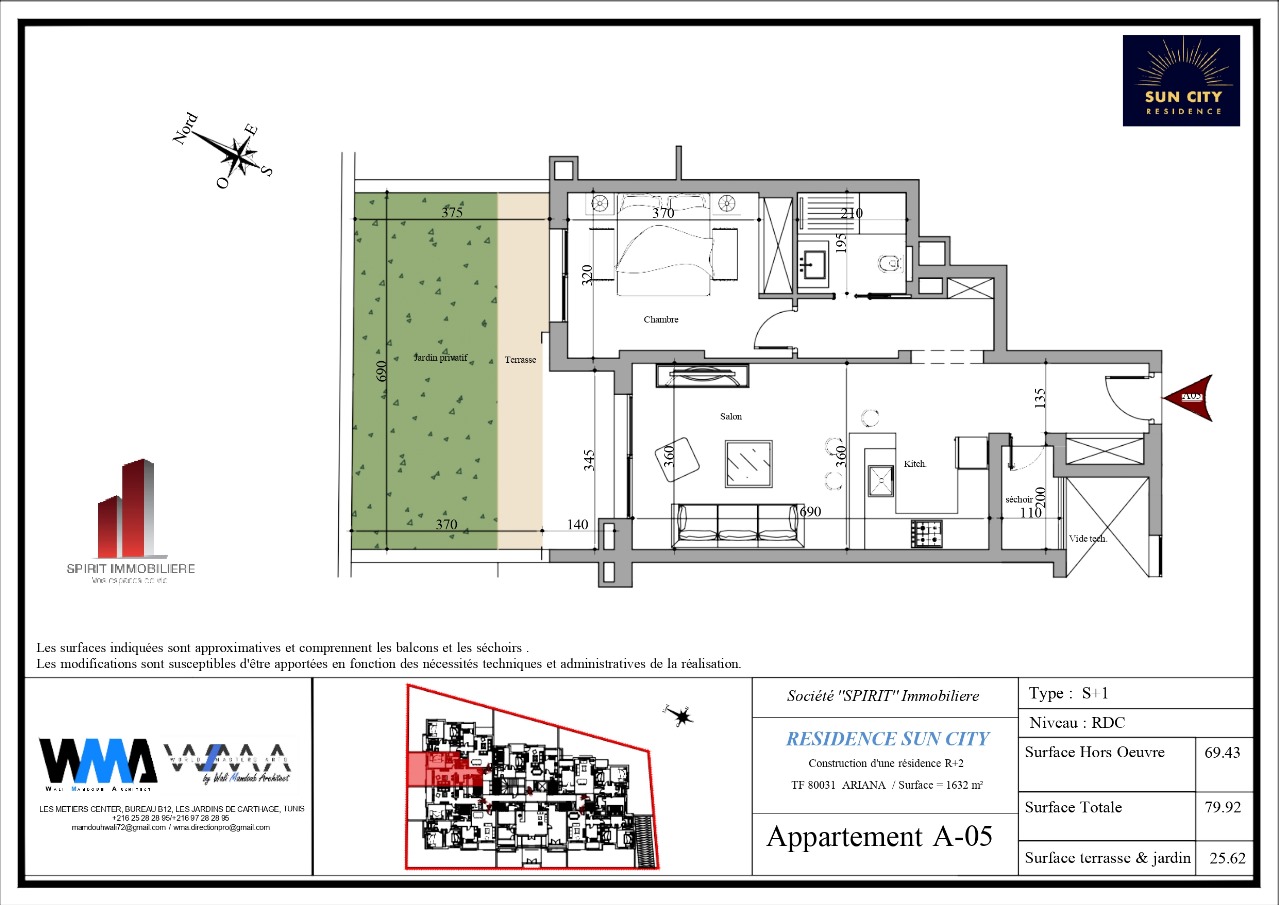 Plan architectural A05 - S1 de 80 m² avec terrasse et jardin de 26m²