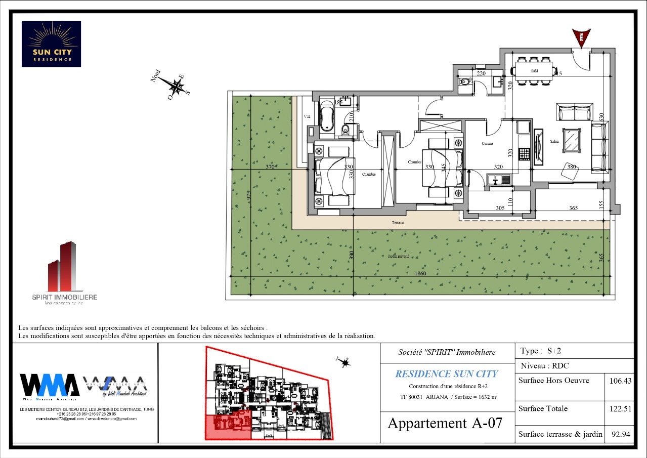Plan architectural A07 - S2 de 122 m² avec jardin au RDC de 93 m²
