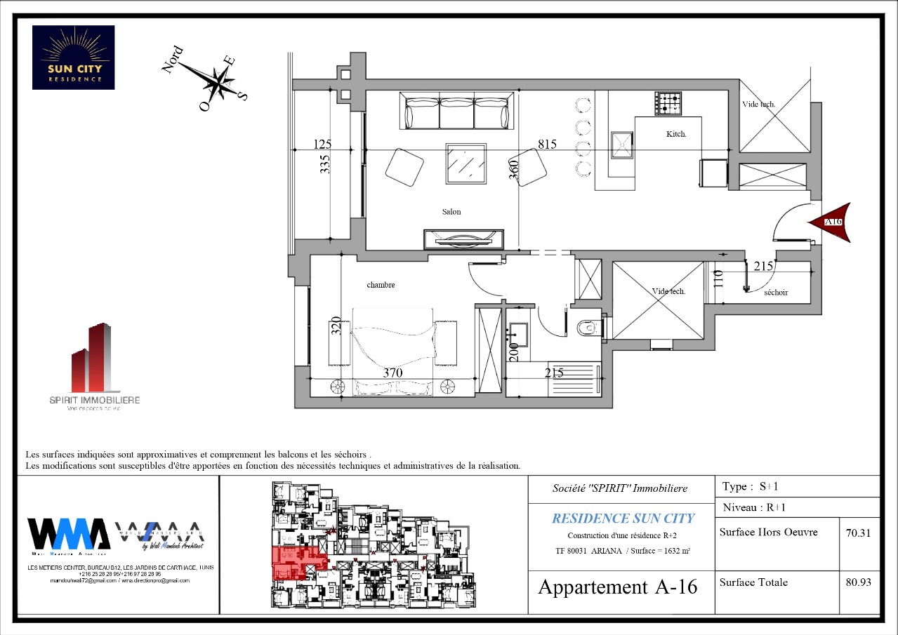 Plan architectural A16 - S1 de 81m² en premier étage avec vue dégagée
