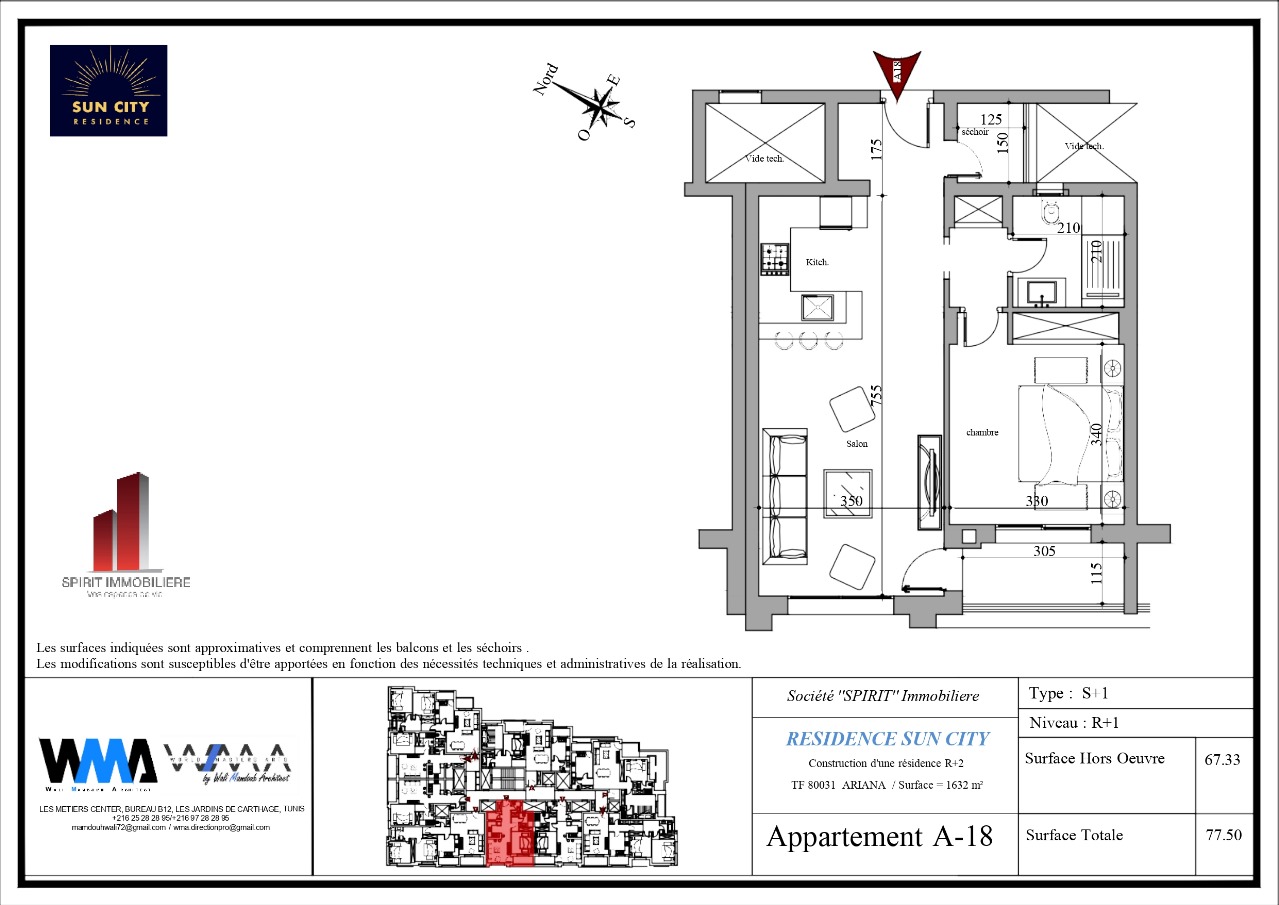 Plan architectural A18 - S1 de 78 m² avec place de parking