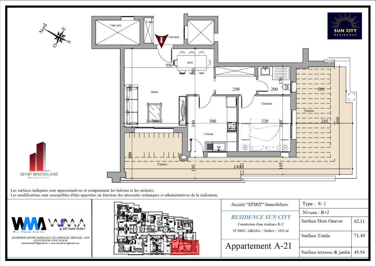 Plan architectural A21 - S1 avec terrasse incroyable de 45 m²