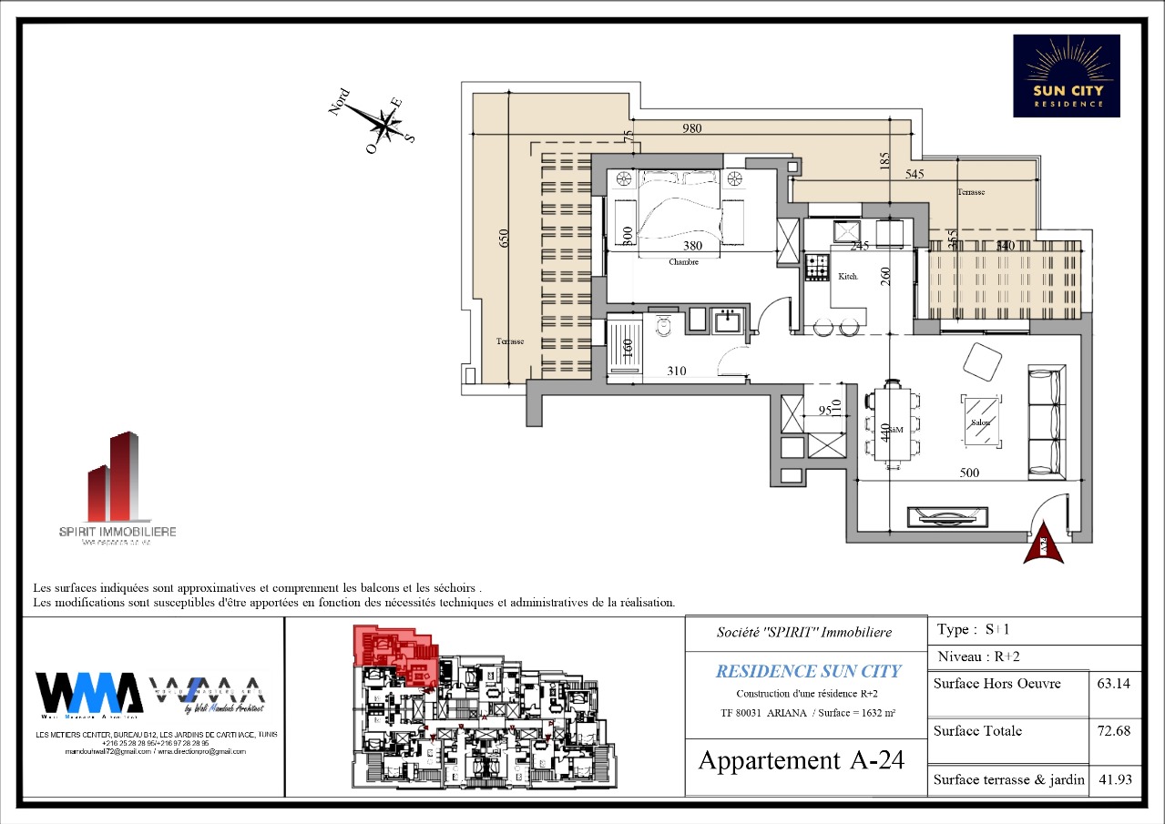 Plan architectural A24 - Appartement S1 de 73m² avec une magnifique terrasse de 42 m²