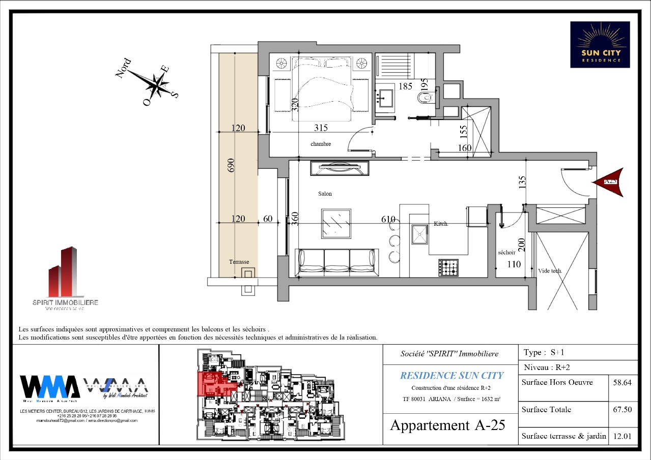 Plan architectural A25 - S1 68 m² au dernier étage, terrasse, place de parking