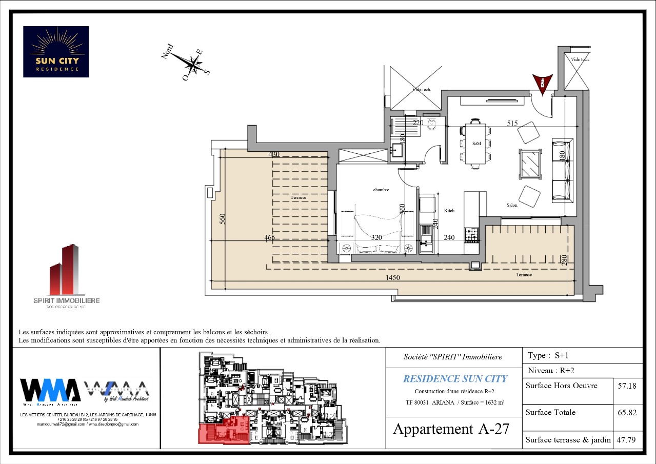 Plan architectural A27 - S+1 second et dernier étage avec une immense terrasse de 48 m²