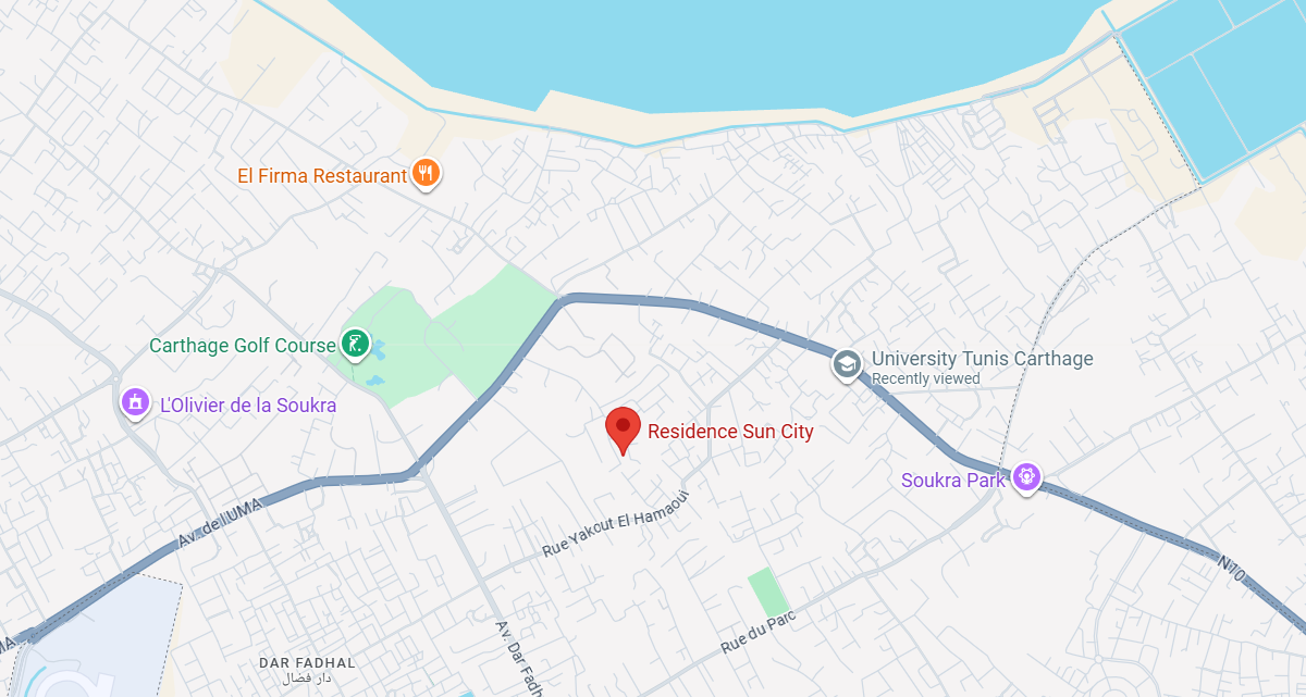 Map showing Residence Sun City location at Avenue Ali Belhouane, Tunis, Tunisia